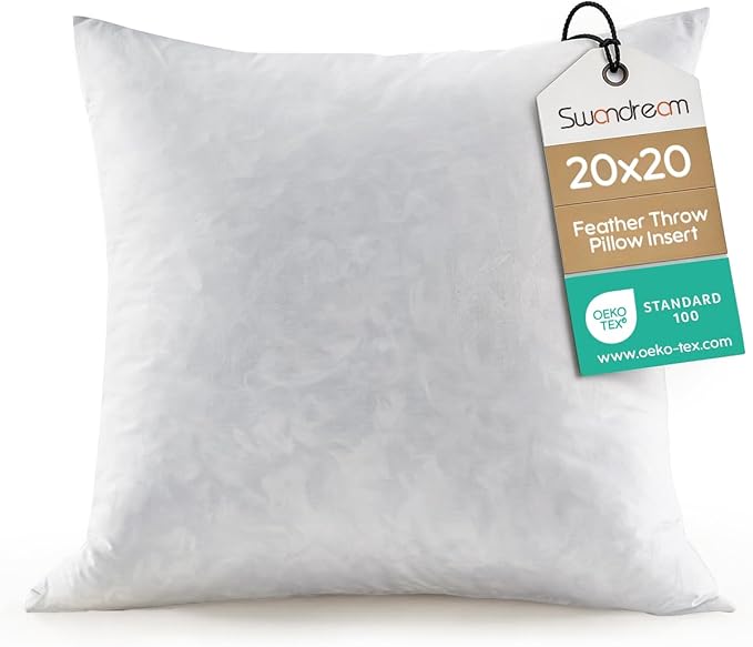 20x20 Feather Throw Pillow Insert, Decorative Pillow Insert for Covers, Fuller Fit with Soft Support for Bed and Couch