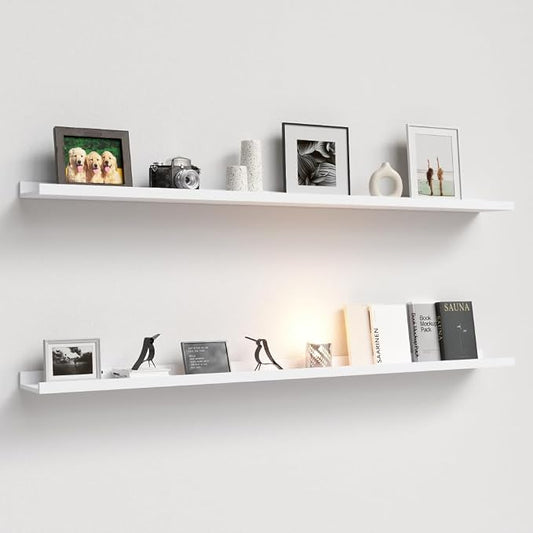 Boswillon Floating Shelves Set of 2, Long Wall Shelf with Lip, 56in, White | Display Ledge Shelf for Room Wall, Wall Decor Shelves for Bathroom, Living Room, Bedroom, Kitchen, Nursery Room, Modern, Wood