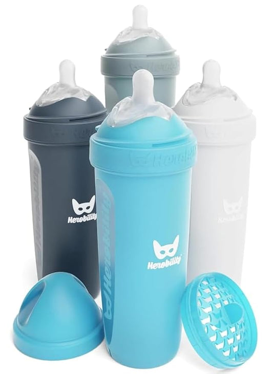 Herobility Double Anti-Colic Baby Bottles – 12 fl oz/340ml – 4-Pack – Multicolor - White, Gray, Iron Blue, Blue