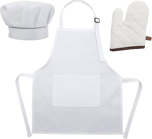 Kids Apron and Chef Hat Set, Adjustable DIY Children Apron Cooking Baking Set Dress Up and Pretend Play Dress Up Clothes for Cooking Classroom Baking Painting (White)
