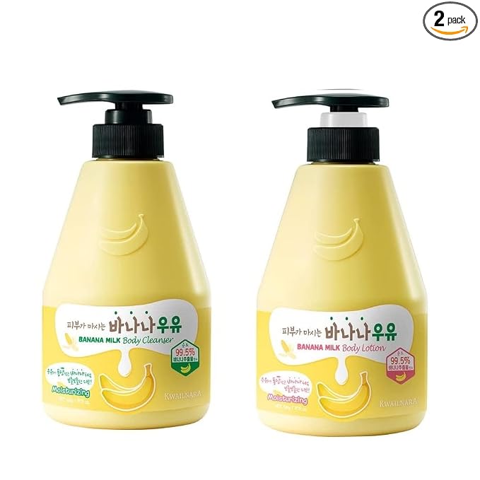Kwailnara Banana Milk Body Wash & Lotion Set (19.75 Oz Each) – 2-Piece Korean Skincare Duo for Soft & Supple Skin | Milk Protein, Royal Jelly & Elasticity-Boosting Banana Extract | Paraben-Free