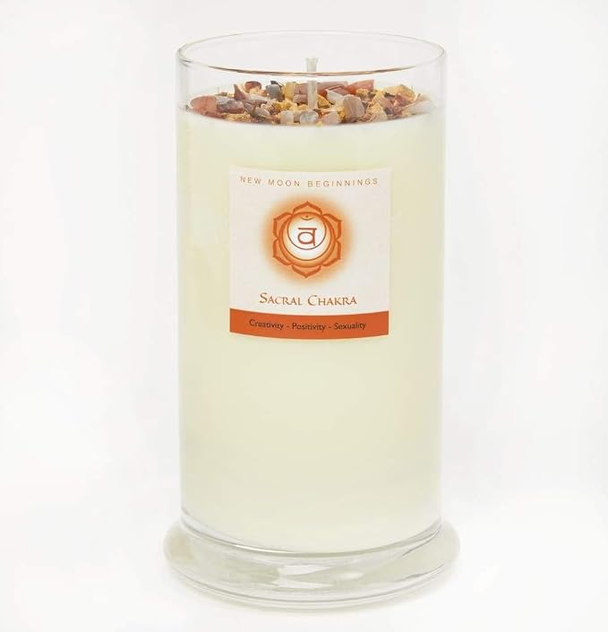 Sacral Chakra Candle by New Moon Beginnings - Chakra Candles - Dried Flower, Herb, & Crystal Candles - Aromatherapy Candles - Soy Candle