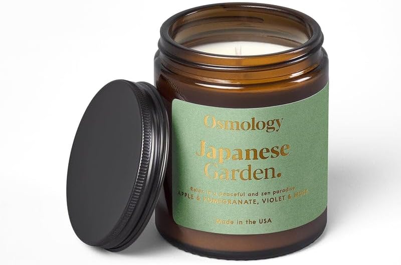 Osmology Japanese Garden Aromatherapy Candle – Apple, Pomegranate & Musk Scented Candle, Plant-Based Wax in Amber Apothecary Jar, 7 oz, 50 Hour Burn Time, Fresh & Fruity Candle