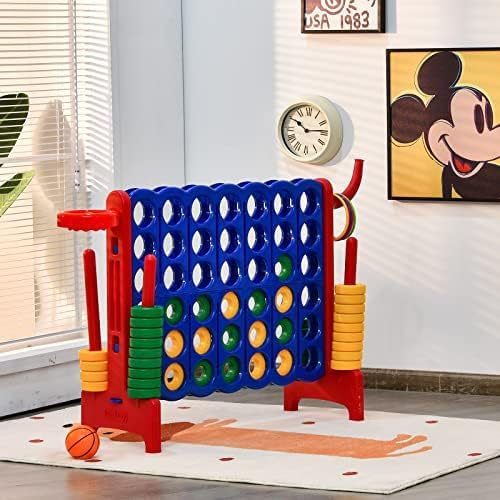 DORTALA Giant 4-in-A-Row, Plastic Jumbo Connect Game Set w/42 Jumbo Rings, Quick-Release Slider, Ring Toss, 2.5Ft Indoor Outdoor 4 to Score Yard Game w/Basketball Hoop