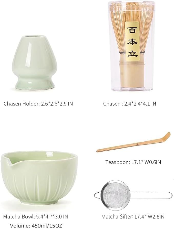 TANG PIN Matcha Set - Match Bowl and Whisk, 15 OZ, Matcha Scoop | Matcha Whisk Stand (Chasen Holder) - 5pc Perfect Matcha Kit for Matcha Tea Ceremony (Green)
