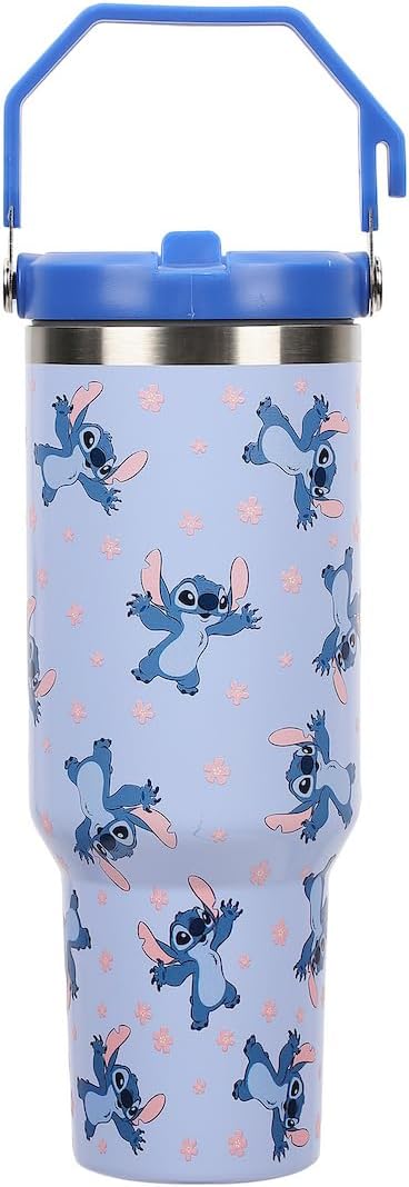 Disney Lilo & Stitch Sky Blue AOP 40 Oz. Vacuum Sealed Stainless Steel Tumbler With Carry Handle