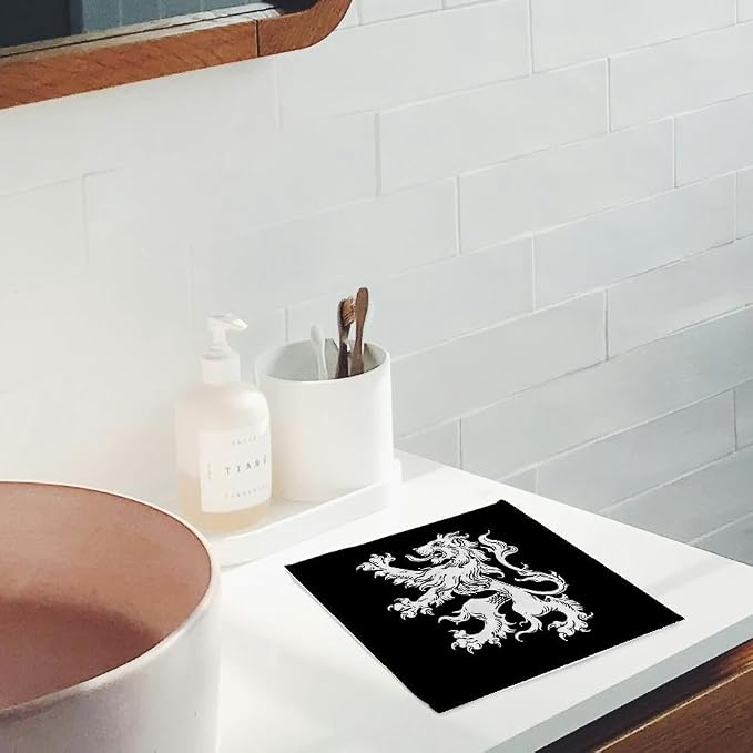 3dRose Cool Vintage Heraldic Royal Lion in White on Black 11x12 Wash Cloth for Face and Body