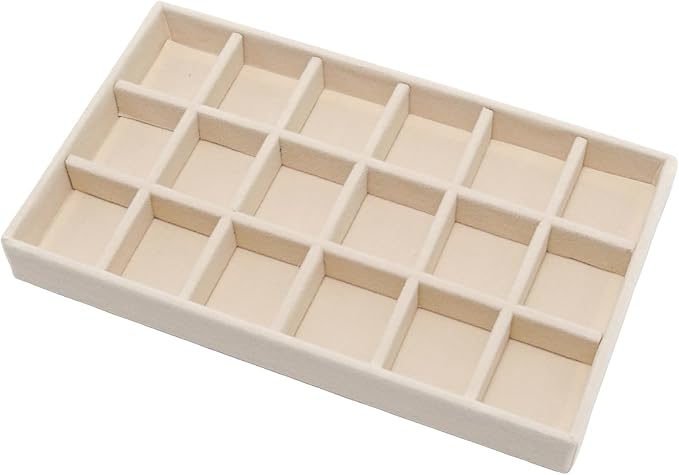 Velvet Jewelry Organizer Tray, Beige 18 Grids | Stackable Jewelry Storage Display Tray with Removable Dividers for Drawer Dresser Cloest Organizer