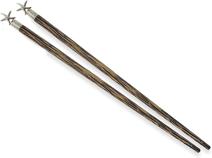 Wooden Chopsticks 9⅞" Coconut Palm Wood Chopstick With Metal Starfish Top Eating Utensils Oriental Cutlery Asian Tableware Decorative Dinnerware to Serve Chinese Japanese Korean Food