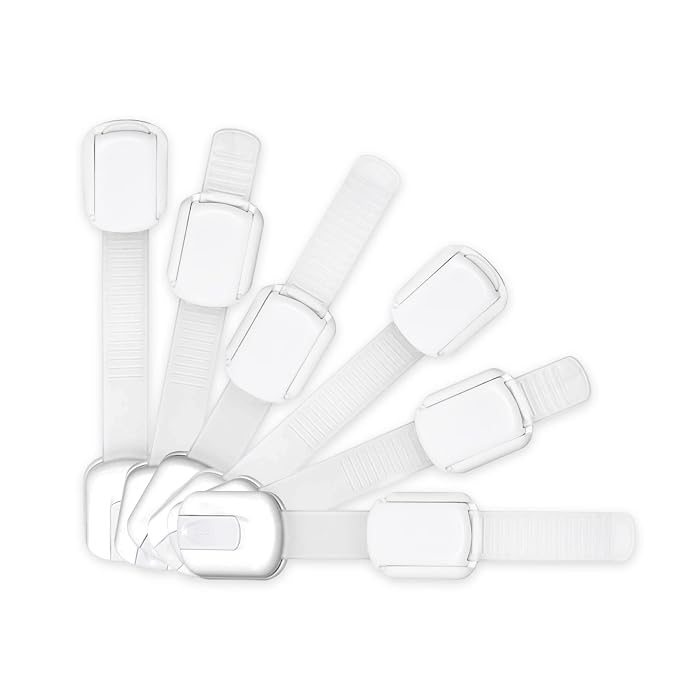 Adjustable & Reusable Child Safety Cabinet Locks & Latches, Baby Proofing Door Window, Cabinet, Toilet, & Refrigerator Lock, Child Safety Strap Locks with Adhesive Pads, Pack of 6, White - Wonderkid