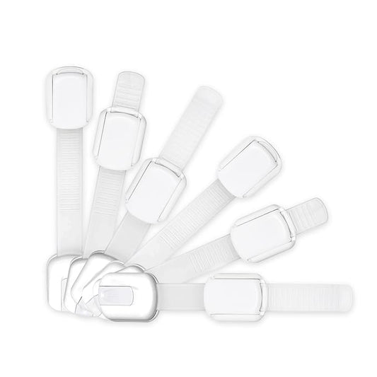 Adjustable & Reusable Child Safety Cabinet Locks & Latches, Baby Proofing Door Window, Cabinet, Toilet, & Refrigerator Lock, Child Safety Strap Locks with Adhesive Pads, Pack of 6, White - Wonderkid