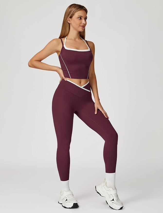 ABOCIW Workout Sets for Women 2 Piece Color Block Strappy Sports Bra High Waist Shorts Gym Yoga Pilates Outfits