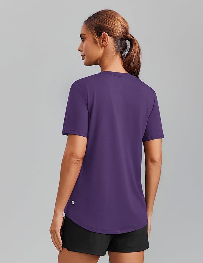 PINSPARK Soft Workout Tops for Women Short Sleeve V Neck Moisture Wicking UPF 50+ Sun Protection Quick Dry Gym Shirts