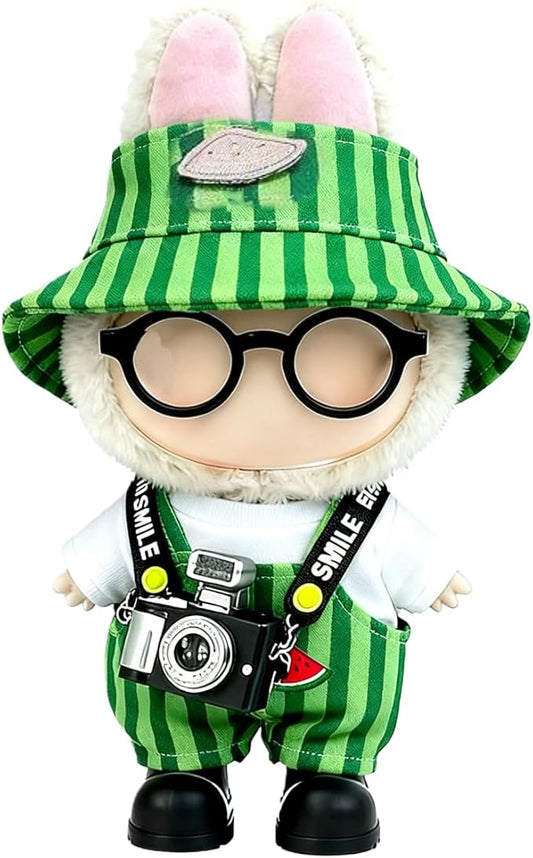 17cm Doll Clothes – 6-Piece Set, Hat + Overalls + Shirt + Camera + Glasses + Shoes, Cute and Premium Dolls Outfit Accessories (Green)