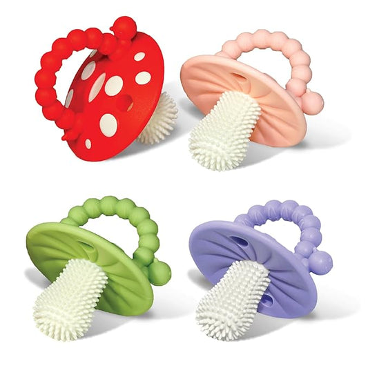 RaZbaby Soft Silicone Infant & Baby 3M+ Teether Toy Massaging Bristles Teething Relief Pacifier - Soothes Sore Gums - Hands-Free & Easy-to-Hold Chompy Teether 4PK, BPA Free (Lavender/RED/Pink/Green)
