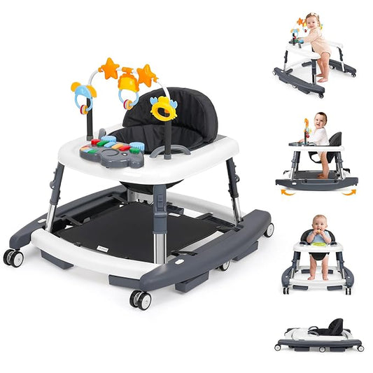 5-in-1 Music and Lights Foldable Baby Walker, Baby Walker with Wheels and Bouncer Combo Portable with 5 Adjustable Heights, Infant Toddler Walker for Baby Boy Girls 6-18 Months（Grey）