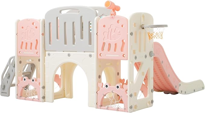 11in 1 Toddler Slide, Kid Slide for Toddlers Age 1-3 with Telescope, Basketball Hoop, and Telescope, Indoor Outdoor Playset Playground Pink Bei'ge