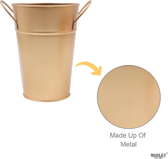 Hosley Set of 2 Gold Bucket/Pot Vase with PVC Liner, 5" Dia x 7" H Ideal Gift for Floral Arrangements Wedding Home Office Party DIY Indoor Outdoor Garden Patio