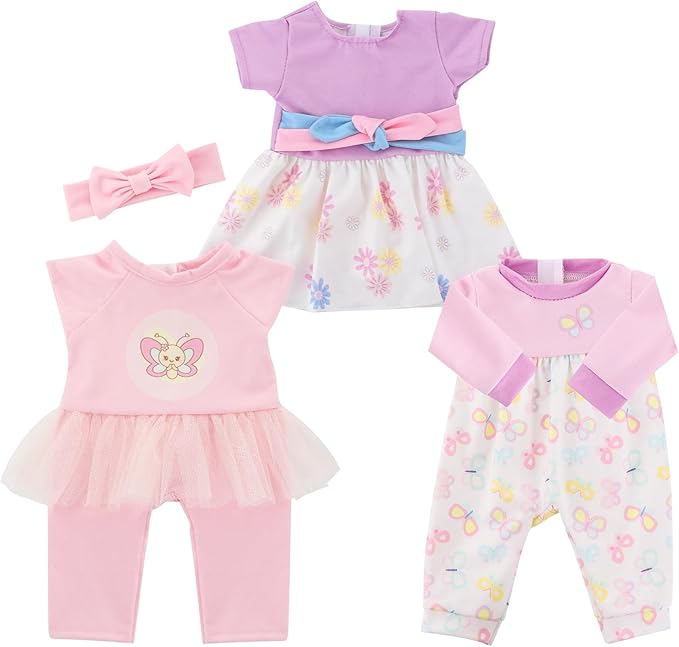 Baby Doll Clothes, 3 Set 18 Inch Doll Girl Clothes and Accessories 4 Pcs Include Jumpsuits Skirt Headband (No Dolls)