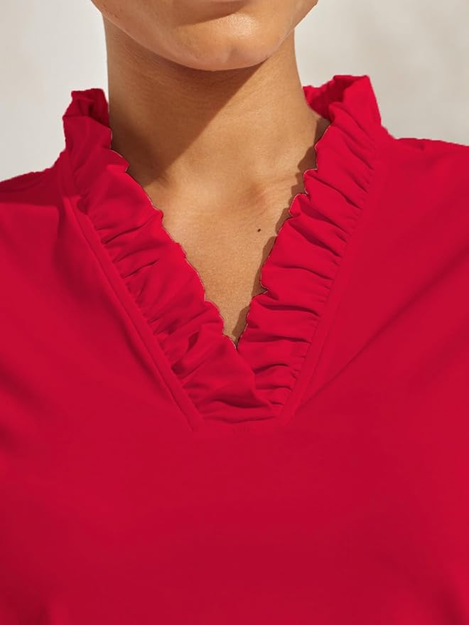 ACEGOLFS Womens Golf Polo Shirts Casual Ruffle V Neck Long Sleeve Tops for Women UPF 50+ Rash Guard Ladies Pullover Shirt