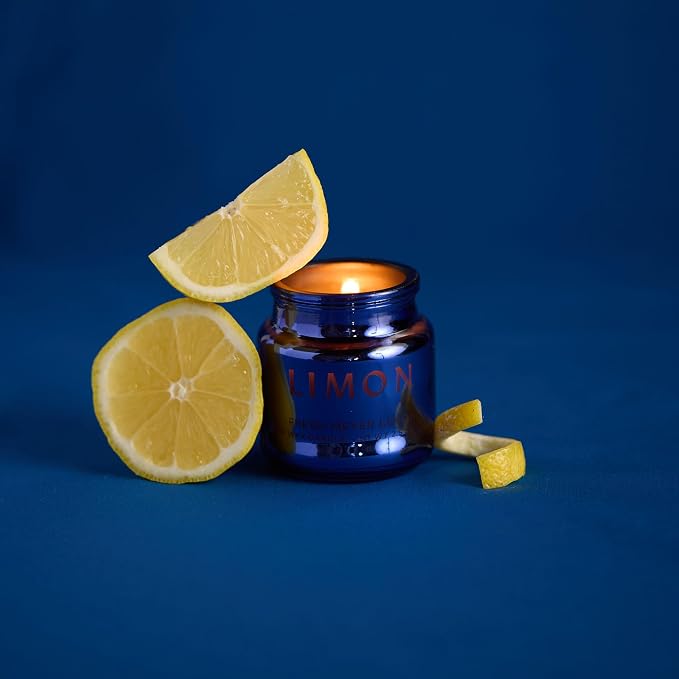 Paddywax Chroma Scented Candle with Lid in Reusable Metallic Etched Glass Jar, Clean- Burn Soy Candle with Approx. 14 Hour Burn Time, Cobalt – Limon, Fresh Meyer Lemon, 2.5 oz