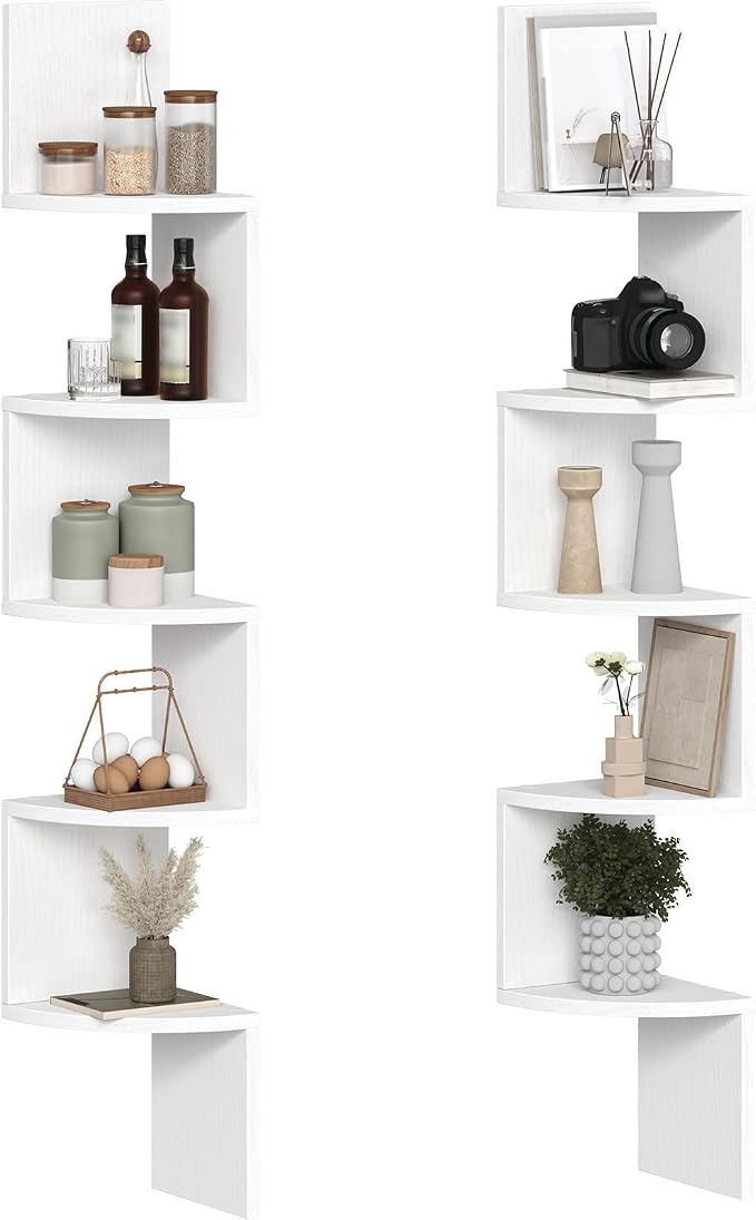 HOOBRO Corner Shelf Wall-Mounted, Set of 2 Floating Corner Shelves for Wall, 5-Tier Corner Bookshelves for Living Room, Bedroom, Bathroom, Home Office, White WT26BJP201