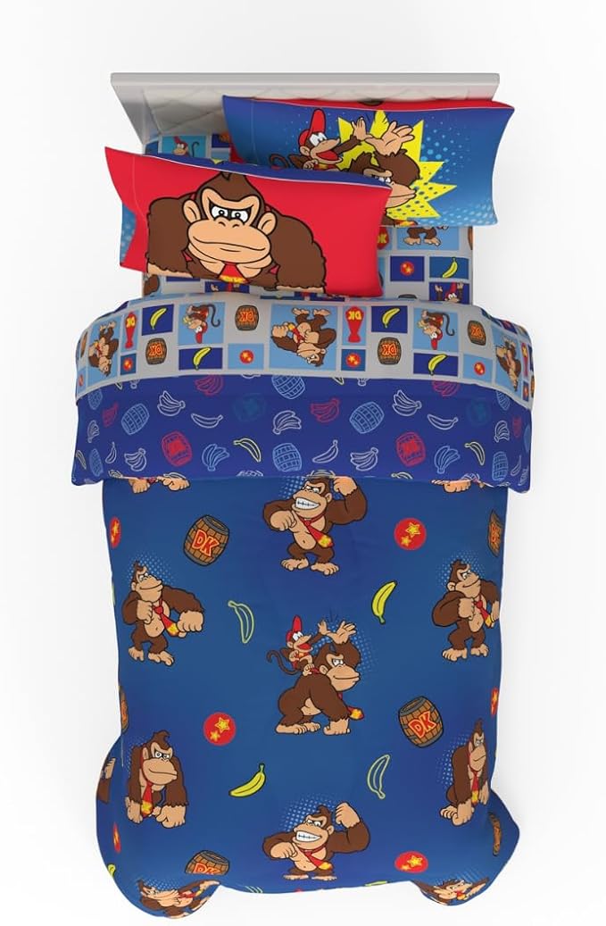 Collectibles Nintendo Donkey Kong Gaming Bedding 5 Piece Super Soft Reversible Comforter and Sheet Set with Sham, Twin, (Officially Licensed Product) By Franco