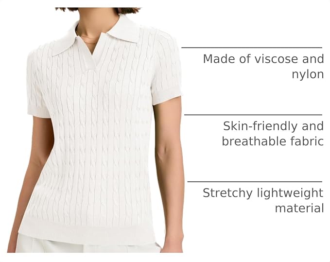Micoson Womens Short Sleeve Sweater Tops Lapel V Neck Polo Shirts 2026 | Summer Cable Knit Loose Blouses, Business Casual Outfits