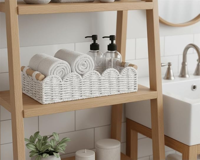 CubesLand Toilet Paper Storage Basket Organizer, Small Wicker Decor Basket | Toilet Tank Top Decorative Basket for Countertop, Handwoven Scalloped Basket W/Handle for Home Decor Living Room, White
