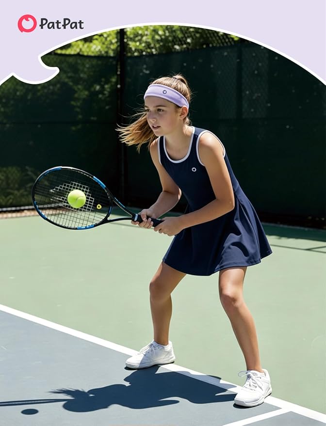 PATPAT Girls Athletic Dress Tennis Summer Outfit with Headband & Shorts | Quick-Dry RapidAir-C Fabric, Lightweight Breathable Golf Dress, Sweat-Wicking 2 Piece sets, Two Hidden Pockets