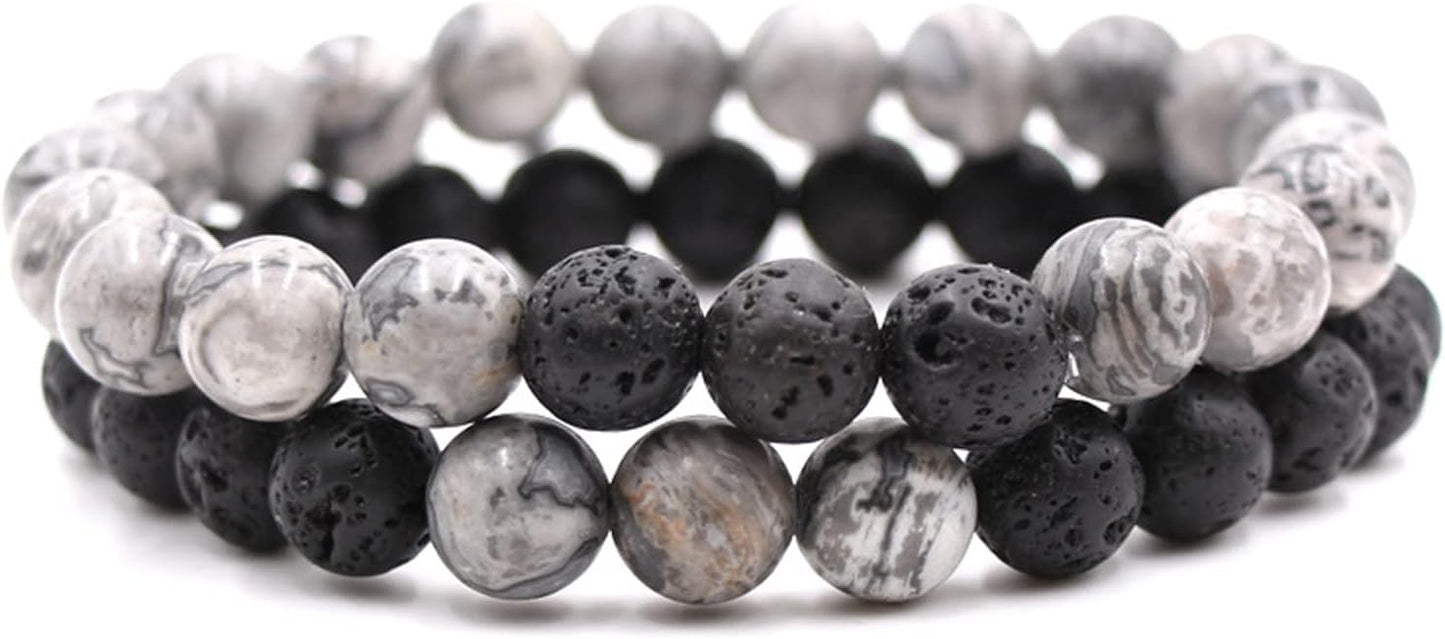 Caiyao 2Pcs Matte Lava Rock Volcanic Stone Beads Stretch Bracelet Stacking Essential Oil Diffuser Tiger Eye Seed Energy Yoga Bracelet for Men Women Couple Stress Relief Healing Aromatherapy Jewelry