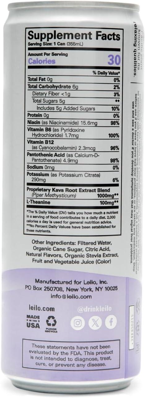 Leilo | Kava Powered Sparkling Relaxation Drink | Blackberry Orange - Non-Alc Calming Beverage | 12 fl oz Cans (Pack of 12)