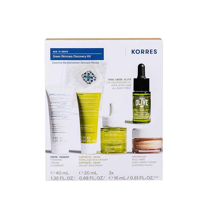 KORRES Greek Discovery Kit, 5-Step Ritual with Foaming Cleanser, Velvet Skin Drink, Poreless Skin Cream, Black Pine Eye Serum & Wild Rose Overnight Facial, Pre & Probiotic Superfoods, Travel Size Kit