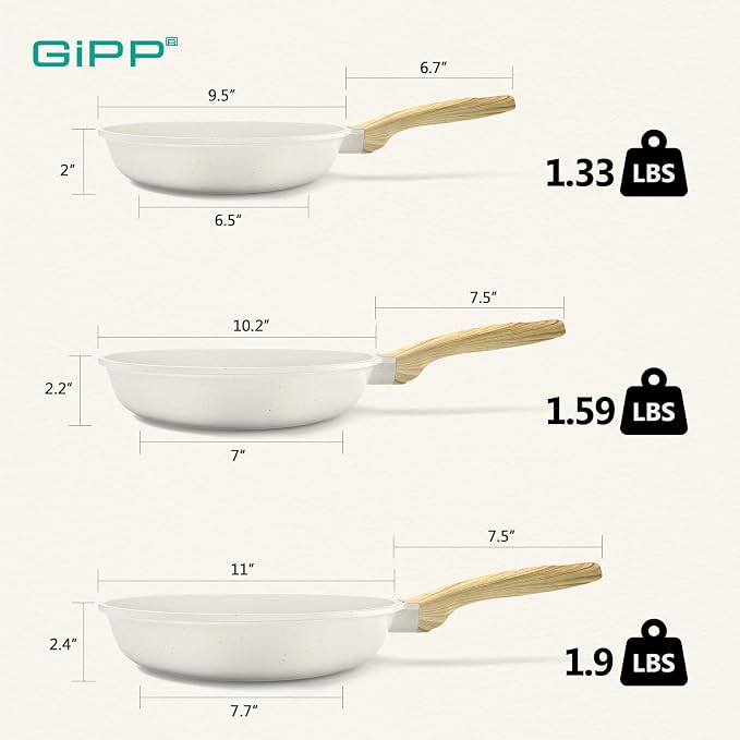 GiPP Non Stick Frying Pan Set - 9.5" 10.2" 11" Granite Nonstick Pan Skillet, Non Toxic Pans for Cooking, Omelette Pans with Stay Cool Handle, Induction Compatible, PFAS/PTFE/PFOA Free, White