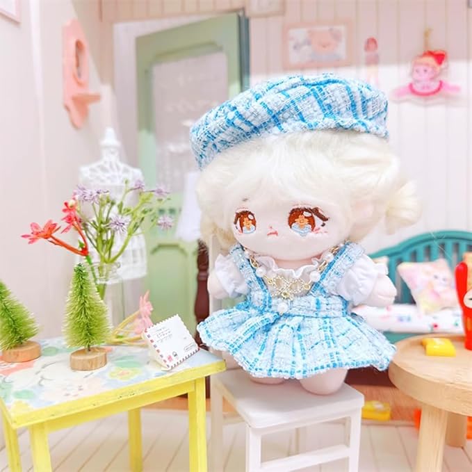 niannyyhouse 10cm~15cm Plush Doll Clothes Berets Suspender Skirt White Shirt Accessories Doll Dress Up (Blue)
