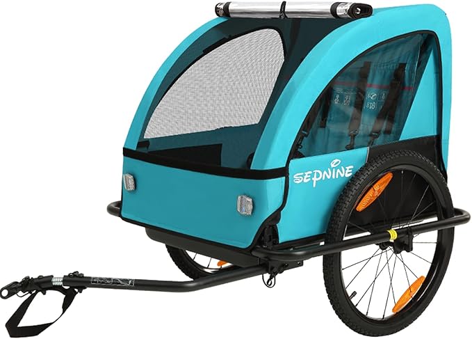 Sepnine Kids Bike Trailer, Suitable for 1 to 2 Children, Double Seat, Universal Coupler, Foldable, Canopy with Bug Screen and Weather Shield, with 5-Point Harness and Storage Bags