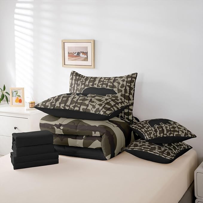 Feelyou Camouflage Camo Bear Comforter Set with Sheets 7 Piece Twin Size Cute Hunting Wild Animal Deer Bedding Set for Kids Boys Girls Rustic Farmhouse Bed in a Bag Decor Soft Lightweight Microfiber