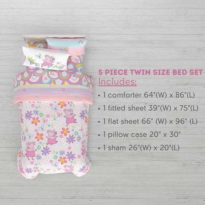 Peppa Pig Kids Bedding Super Soft & Cozy Reversible Microfiber Comforter and Sheet Set with Sham, 5 Piece Twin Size, (Officially Licensed Product) by Franco