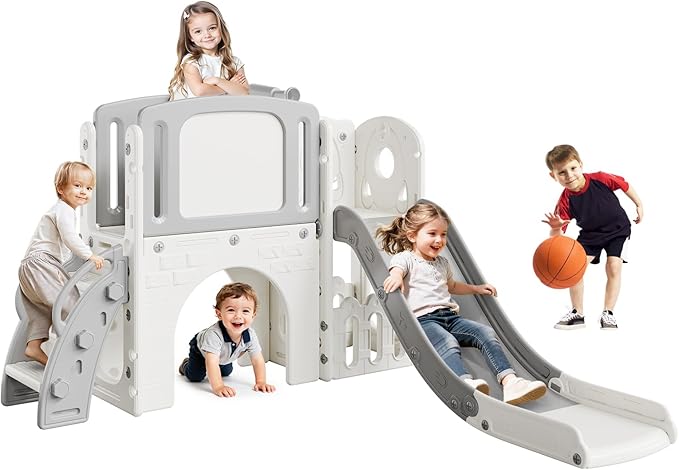 Garvee 8-in-1 Toddler Slide Indoor & Outdoor Playground Playset for Kids-Includes Climber, Basketball Hoop, Telescope, Tunnel, and Storage Space for Backyard & Courtyard Fun
