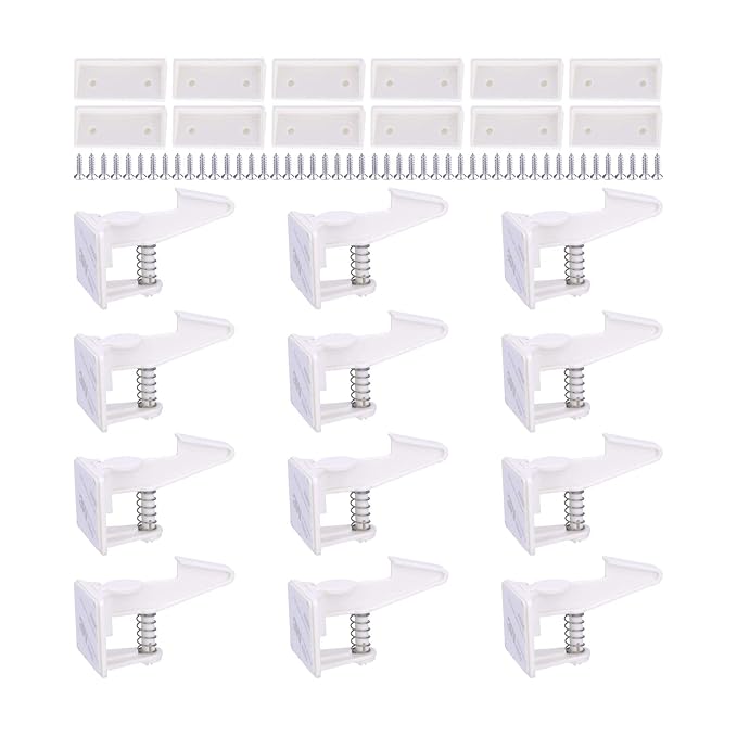 Cabinet Locks Child Safety Latches - OKEFAN 12 Pack Baby Proofing Cabinets Drawer Lock Adhesive Latch for Kids Proof Drawers No Drilling Tools Needed (White)