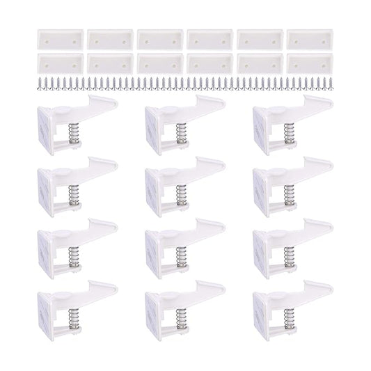 Cabinet Locks Child Safety Latches - OKEFAN 12 Pack Baby Proofing Cabinets Drawer Lock Adhesive Latch for Kids Proof Drawers No Drilling Tools Needed (White)