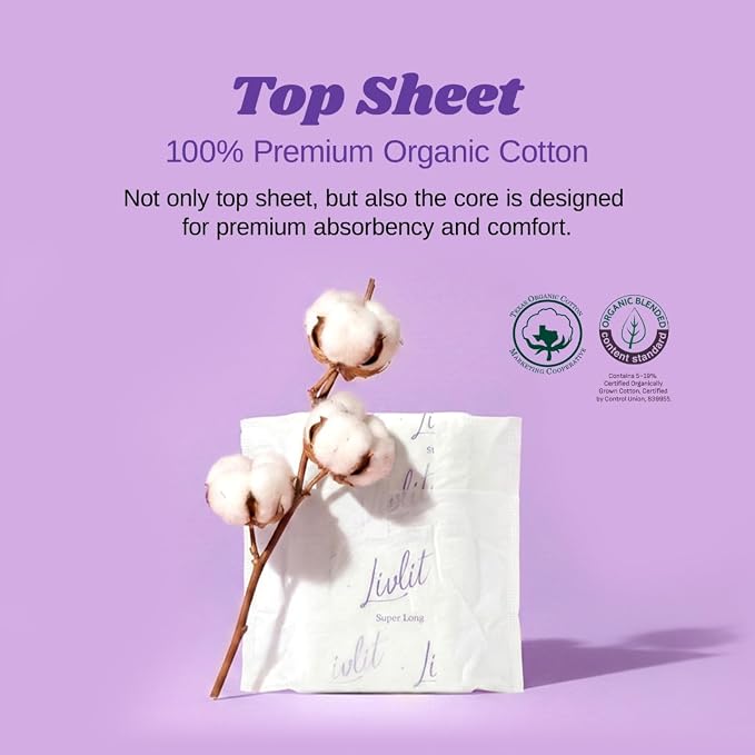 Livlit Super Long Overnight Pads - 100% Organic Cotton from Texas, Heavy Absorbency, Powerful Leak Protection, Unscented, Extra Long Length (10 Count)
