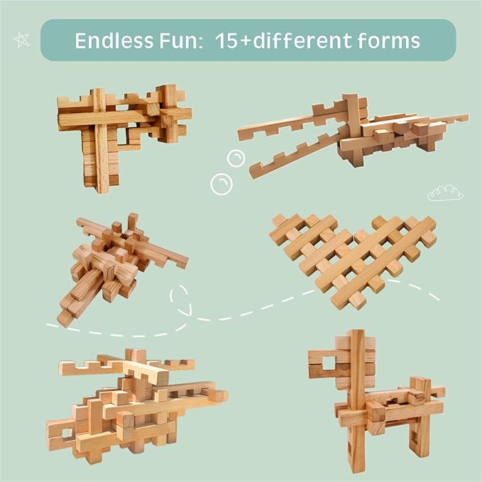 15 in 1 Educational Wooden Building Blocks - 42 Pcs Assembled into 15+ Different Shapes, STEM Toy Gift for Kids, Learning Toys for Ages 3+ and Adults