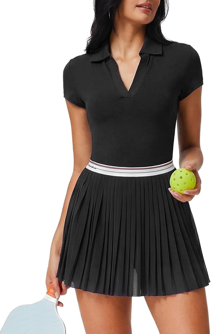 Mudere 2 Piece Golf Outfits for Women Tennis Skirt Set Built-in Shorts | Deep V-Neck Lapel, Silky Breathable High Stretch Fabric, Side Pockets, Activewear, Athletic Wear