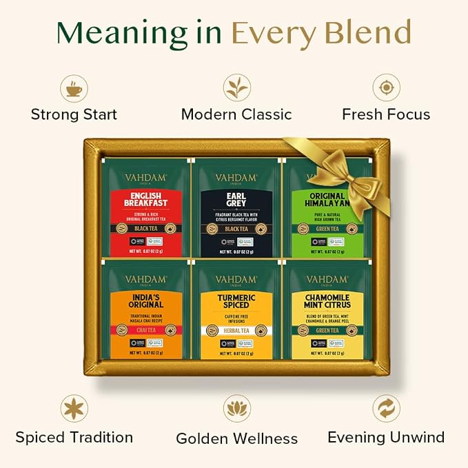 VAHDAM Top 6 Founder Select Assorted Tea Gift Set | 6 Flavors, 36 individually Wrapped Tea Bags | Gifts For Tea Lovers