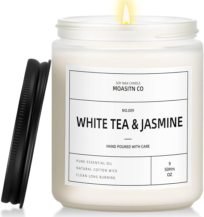 White Tea & Jasmine Candle for Home Scented| Natural Soy Non Toxic Candles| Long Clean Burning Aromatheraphy Jar Candel| Women,Men Gift for Autumn,Winter, Halloween,Relaxing| 9oz