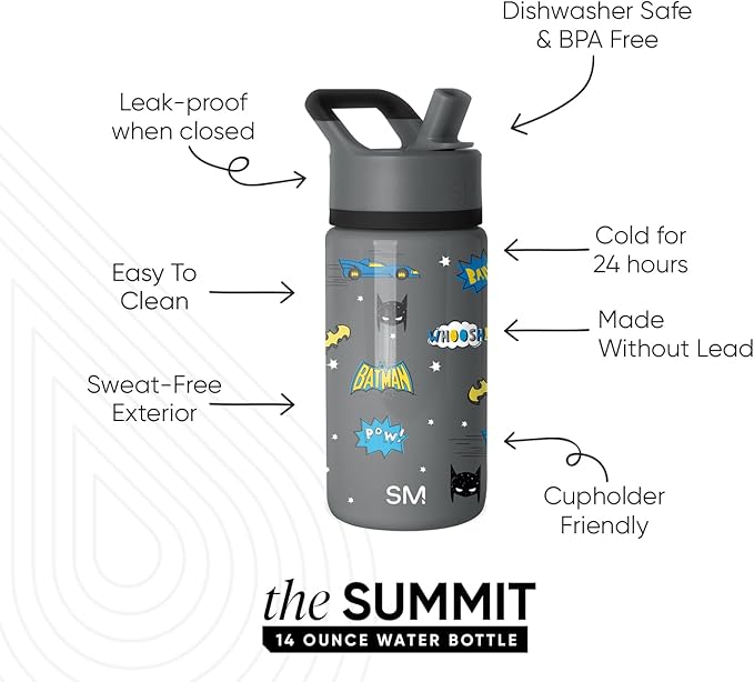 Simple Modern Kids Summit Water Bottle with Straw Lid | DC Comics Batman 14oz Stainless Steel Cup Insulated Tumbler for Boys, School | Batman POW!