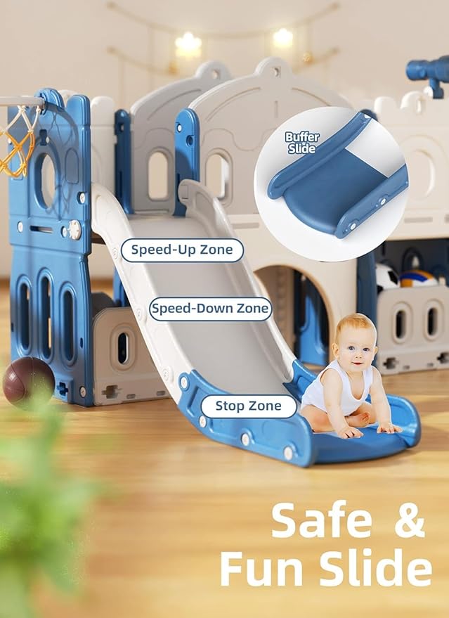 YUFU 8 in 1 Kids Slide for Toddlers Age 1-3, Kids Playset with Basketball Hoop and Ball, Indoor Outdoor Playground