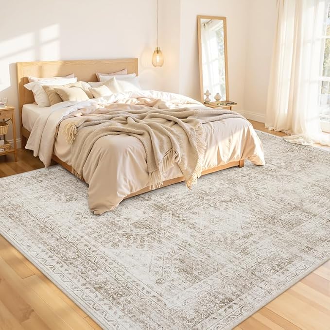 8x10 Area Rugs for Living Room: Vintage Boho Neutral Washable Rug Indoor Soft Large Area Rug Carpet for Bedroom Nursery Farmhouse Dining Room Office Floor Non-Slip Low Pile Under Table Rug Brown