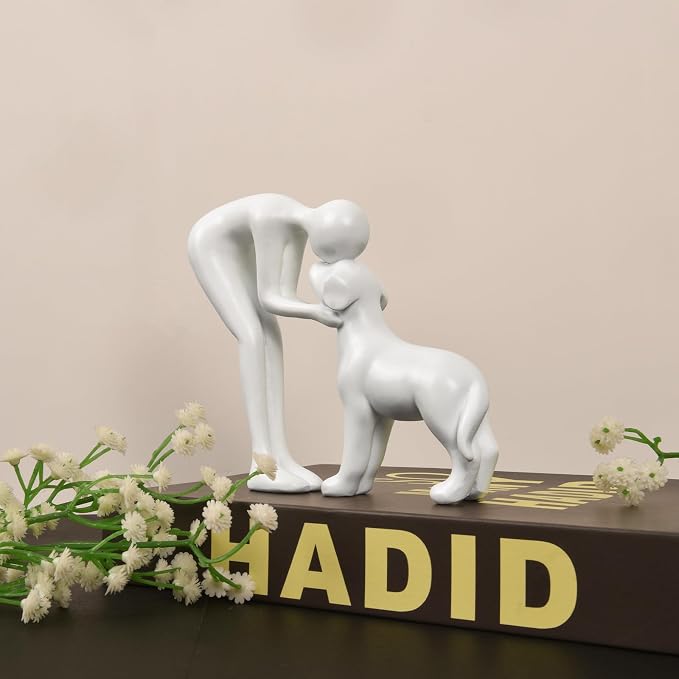 Abstract Person and Dog Sculpture Head-to-Head Figurine White | abstract sculpture celebrating the bond between person and pet. Intimate head-to-head Touching memory keepsake for dog lovers